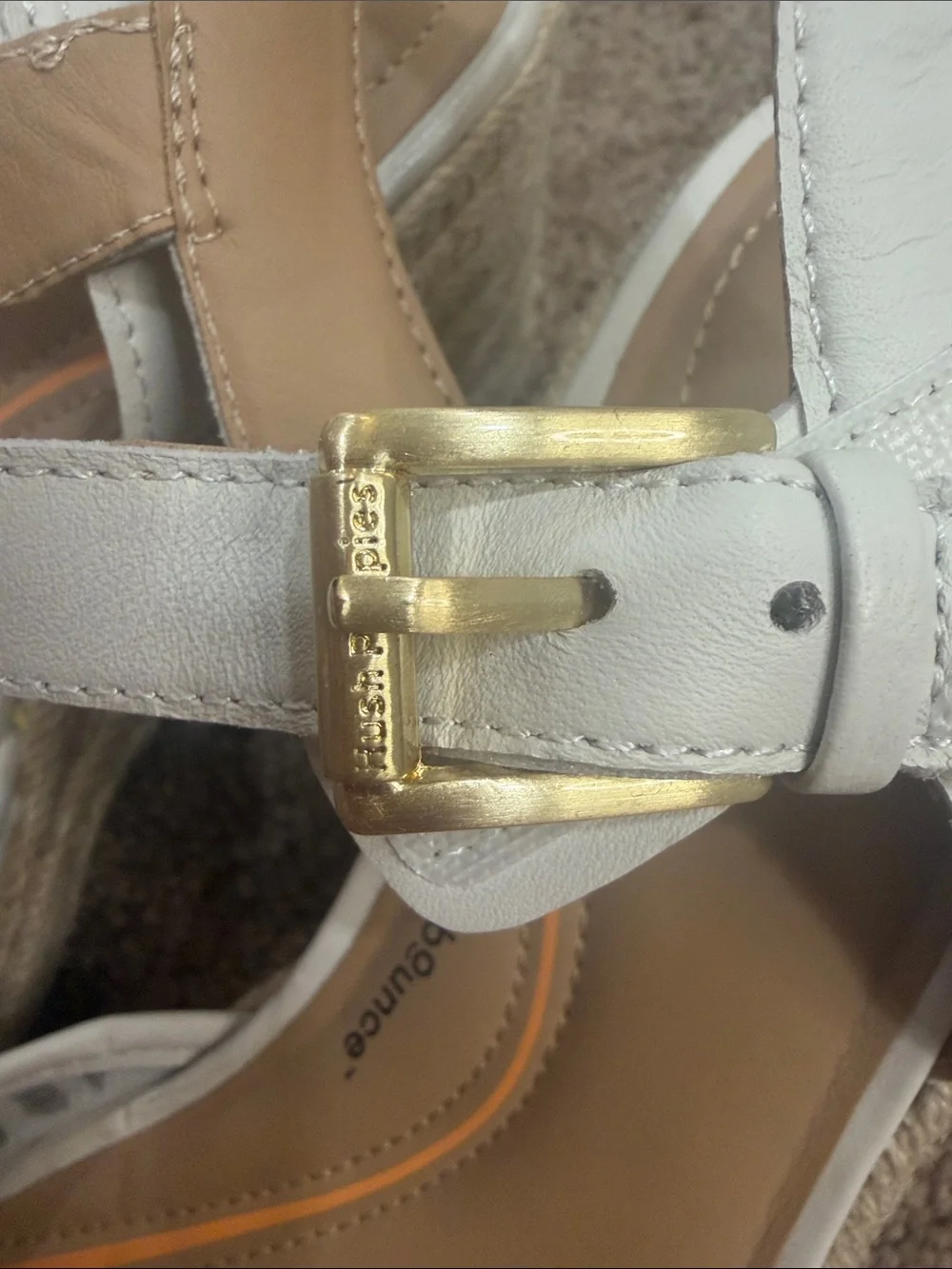 Hush Puppies White Laser-Cut Espadrille Wedge Sandals with Gold Buckle